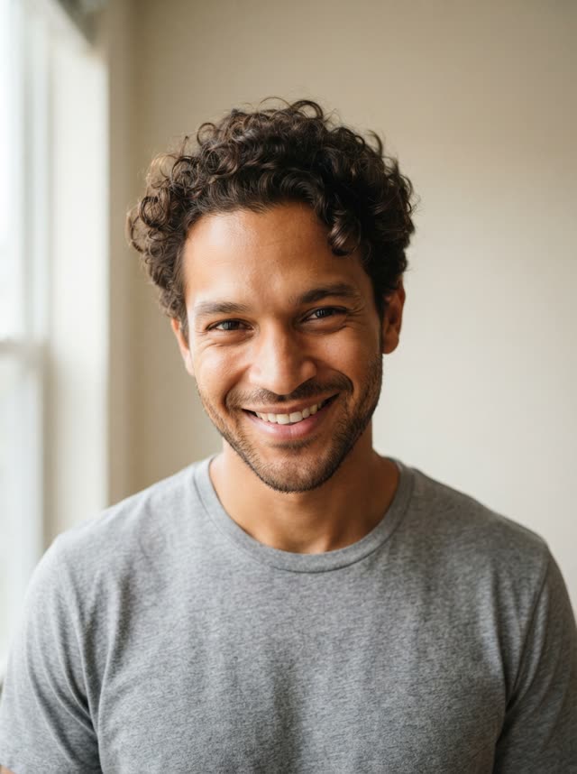 Input photo: AI-generated portrait of a fictional smiling man with curly hair
